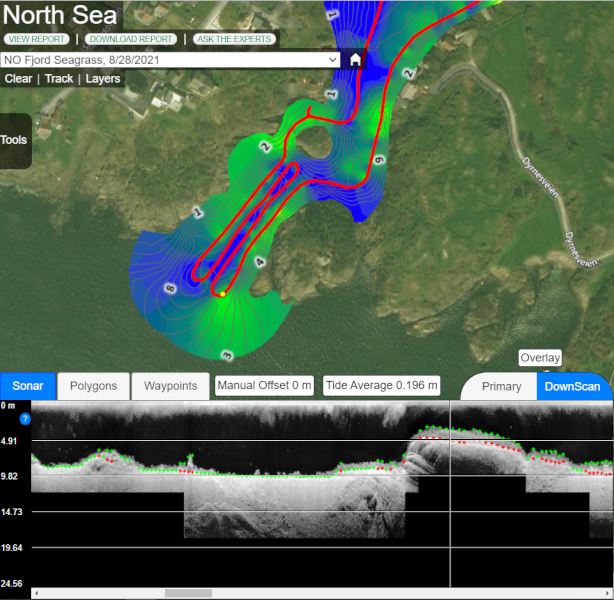 Simrad sonar file (.sl2) uploaded and processed by EcoSound. Depth and Plant height (percent biovolume) mapped and available as GIS data exports